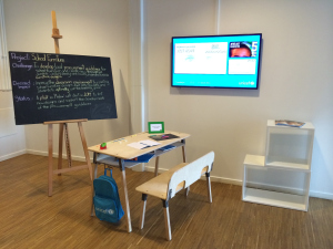 A prototype school desk and bench for two young children. Photo credit: UNICEF/2014/Shanelle Hall